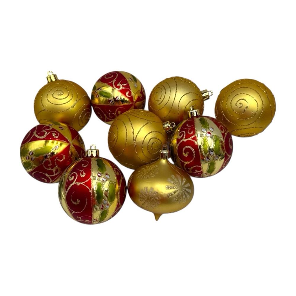 Red Gold Glitter‎ Christmas Ornaments 9 Ct Christmas Shatterproof Plastic EUC